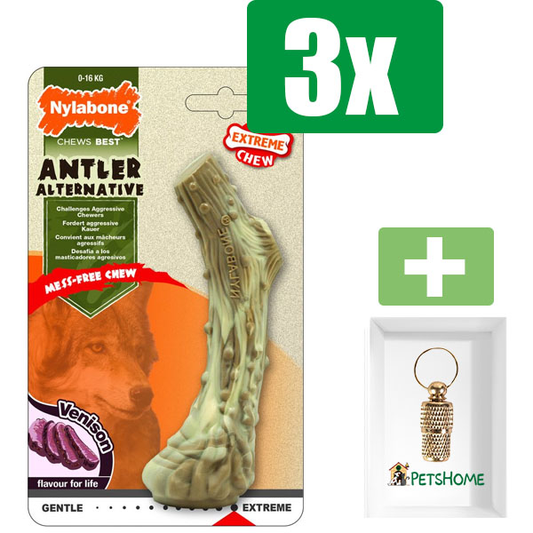 Nylabone Extreme Chew Antler Bone Hertsmaak - Medium - Kauwbot - Hondenspeelgoed - Kauwspeelgoed - 3 stuks - Inclusief Goudkleurige PetsHome Adreskoker