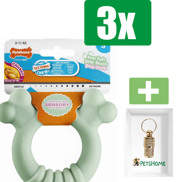 Nylabone Puppy Tactile Ring Kipsmaak - Small - Kauwbot - Hondenspeelgoed - Kauwspeelgoed - 3 stuks - Inclusief Goudkleurige PetsHome Adreskoker