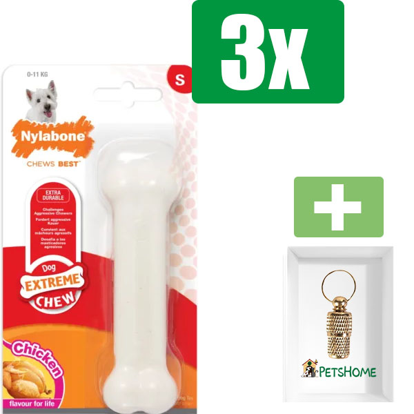 Nylabone Been Extreme Kipsmaak - Small - Kauwbot - Hondenspeelgoed - Kauwspeelgoed - 3 stuks - Inclusief Goudkleurige PetsHome Adreskoker