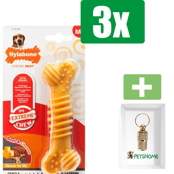 Nylabone Been Extreme Dental Rund/Kaas - Medium - Kauwbot - Hondenspeelgoed - Kauwspeelgoed - 3 stuks - Inclusief Goudkleurige PetsHome Adreskoker