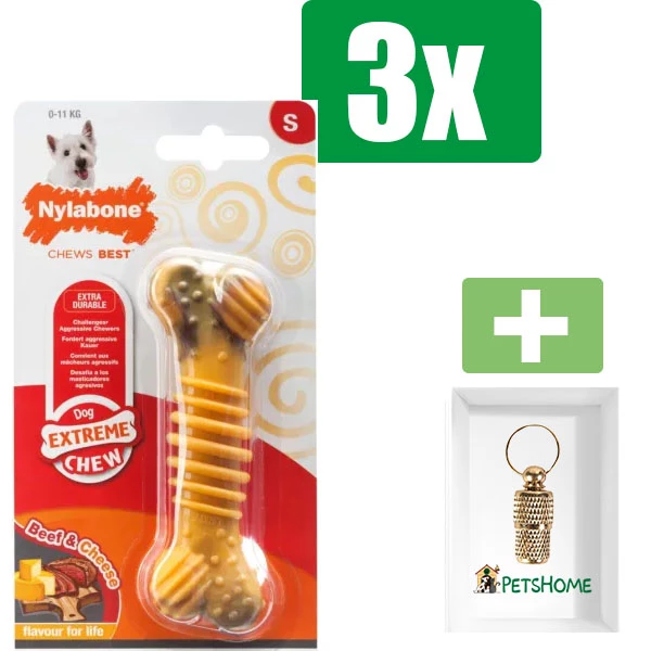 Nylabone Been Extreme Dental Rund/Kaas - Small - Kauwbot - Hondenspeelgoed - Kauwspeelgoed - 3 stuks - Inclusief Goudkleurige PetsHome Adreskoker