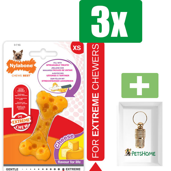 Nylabone Dura Chew Cheese Bone Geel Kaas - Extra Small - Kauwbot - Hondenspeelgoed - Kauwspeelgoed - 3 stuks - Inclusief Goudkleurige PetsHome Adreskoker