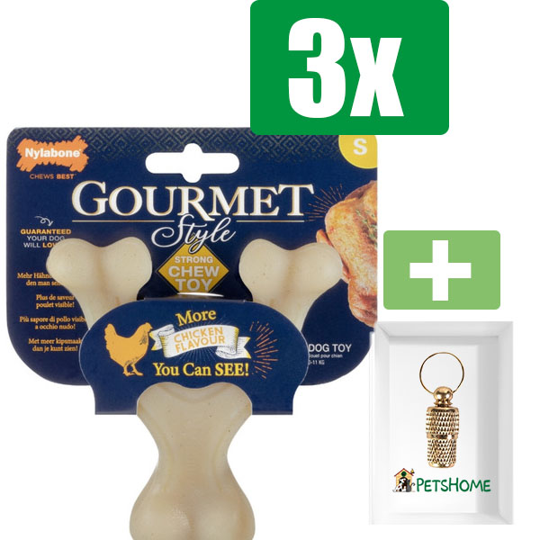 Nylabone Gourmet Wishbone Kip - Small - Kauwbot - Hondenspeelgoed - Kauwspeelgoed - 3 stuks - Inclusief Goudkleurige PetsHome Adreskoker