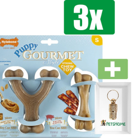 Nylabone Puppy Gourmet Twin Pack Pindakaas Bacon - Small - Kauwbot - Hondenspeelgoed - Kauwspeelgoed - 3 stuks - Inclusief Goudkleurige PetsHome Adreskoker