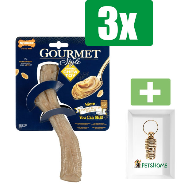 Nylabone Gourmet Stick Pindakaas - Extra Large - Kauwbot - Hondenspeelgoed - Kauwspeelgoed - 3 stuks - Inclusief Goudkleurige PetsHome Adreskoker