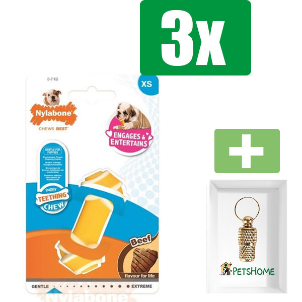 Nylabone Puppy Chew Knot Geel Wit Rund - Extra small - Kauwbot - Hondenspeelgoed - Kauwspeelgoed - 3 stuks - Inclusief Goudkleurige PetsHome Adreskoker