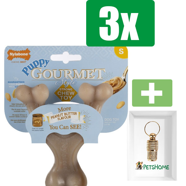 Nylabone Puppy Gourmet Wishbone Pindakaas - Small - Kauwbot - Hondenspeelgoed - Kauwspeelgoed - 3 stuks - Inclusief Goudkleurige PetsHome Adreskoker