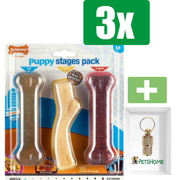 Nylabone Puppy Stages Pack Kip Bacon Rund - Medium - Kauwbot - Hondenspeelgoed - Kauwspeelgoed - 3 stuks - Inclusief Goudkleurige PetsHome Adreskoker