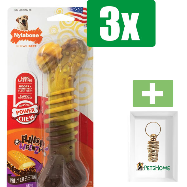 Nylabone Extreme Chew Textured Bone Beef & Cheese - Large - Kauwbot - Hondenspeelgoed - Kauwspeelgoed - 3 stuks - Inclusief Goudkleurige PetsHome Adreskoker