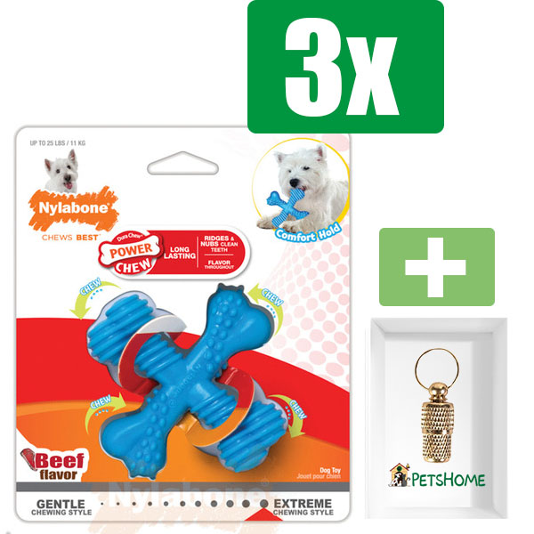 Nylabone Extreme chew X bone Blauw Rund - Small - Kauwbot - Hondenspeelgoed - Kauwspeelgoed - 3 stuks - Inclusief Goudkleurige PetsHome Adreskoker