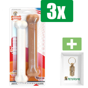 Nylabone Dura Chew Bacon and Chicken Wit Roze Kip Bacon - Large - Kauwbot - Hondenspeelgoed - Kauwspeelgoed - 3 stuks - Inclusief Goudkleurige PetsHome Adreskoker