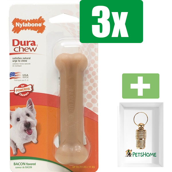 Nylabone Dura Chew Voor Harde Bijters Baconsmaak - TOT 11 KG - Kauwbot - Hondenspeelgoed - Kauwspeelgoed - 3 stuks - Inclusief Goudkleurige PetsHome Adreskoker