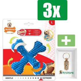 Nylabone Extreme Chew X-Bone Beef Blauw TOT 23 KG - Kauwbot - Hondenspeelgoed - Kauwspeelgoed - 3 stuks - Inclusief Goudkleurige PetsHome Adreskoker