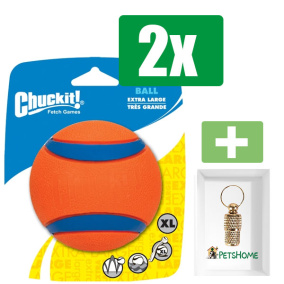Chuckit Ultra Bal - XL 9X9X9 CM  - Hondenspeelgoed - 2 stuks - Inclusief Goudkleurige PetsHome Adreskoker