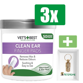 Vets Best Clean Ear Finger Pads 50 ST - 3 stuks - Inclusief PetsHome Goudkleurige Adreskoker