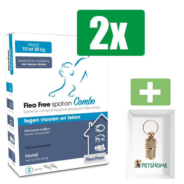 Flea Free - Anti Vlooien En Teken - Spot-on Combo Hond 10-20Kg - 2 Pipetten - 2 Verpakkingen - Inclusief PetsHome Goudkleurige Adreskoker
