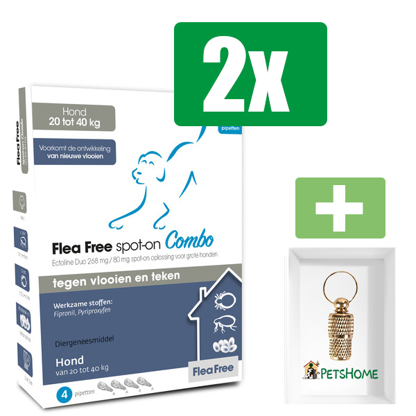 Flea Free - Anti Vlooien En Teken - Spot-on Combo Hond 20-40Kg - 4 Pipetten - 2 Verpakkingen - Inclusief PetsHome Goudkleurige Adreskoker