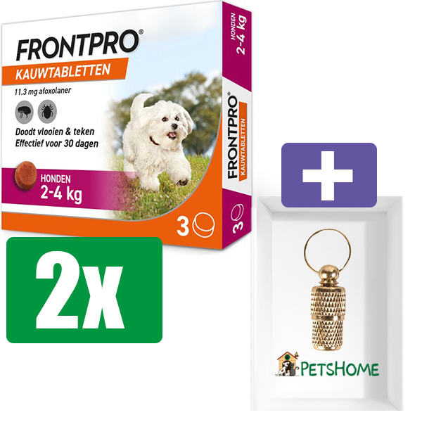 Frontpro Hond Small - Anti vlooien en tekenmiddel - 2 stuks - 2 tot 4kg - Inclusief PetsHome Goudkleurige Adreskoker
