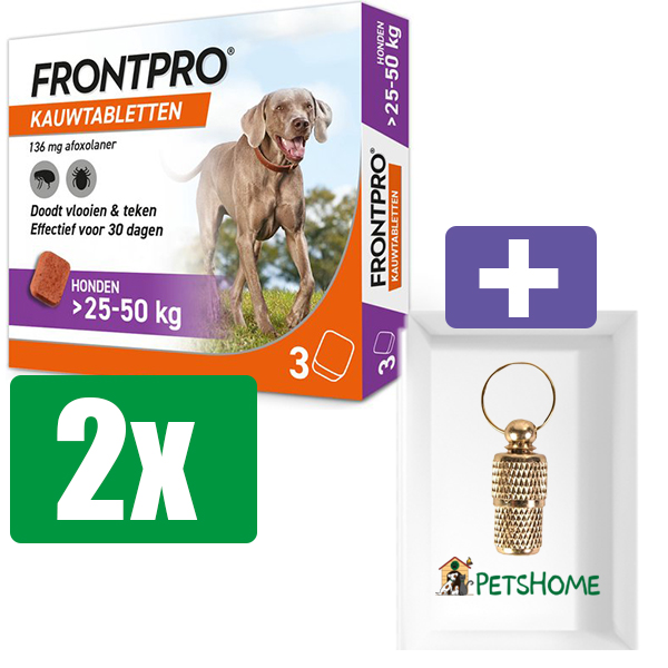 Frontpro Hond Extra Large - Anti vlooien en tekenmiddel - 2 stuks - 25 tot 50kg - Inclusief PetsHome Goudkleurige Adreskoker