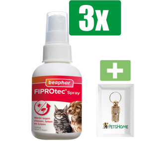 Beaphar Fiprotec Anti Vlooien en Teken Spray Hond en Kat 100 ml - 3 Stuks - Inclusief PetsHome Goudkleurige Adreskoker