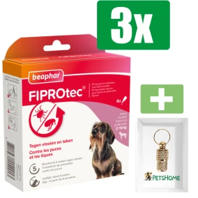 Beaphar Fiprotec Anti Teken- en Vlooiendruppels - Hond - 2-10 kg - 4st - 3 Stuks - Inclusief PetsHome Goudkleurige Adreskoker
