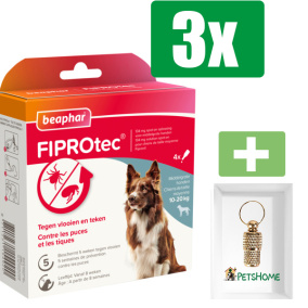 Beaphar Fiprotec Vlooien- en Tekenmiddel Hond 10-20 kg - 4 Pipetten - 3 Stuks - Inclusief PetsHome Goudkleurige Adreskoker