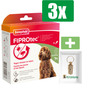 Beaphar Fiprotec Anti Teken- en Vlooiendruppels Hond 20 - 40 kg 4 stuks - 3 Stuks - Inclusief PetsHome Goudkleurige Adreskoker