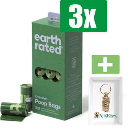 Earth Rated Poepzakjes Lavendel Gerecycled - 21X15 ST - 3 stuks - Inclusief PetsHome Goudkleurige Adreskoker