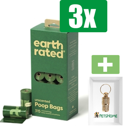 Earth Rated Poepzakjes Geurloos Gerecycled - 21X15 ST - 3 stuks - Inclusief PetsHome Goudkleurige Adreskoker