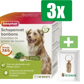 Beaphar Schapenvetbonbons Zeewier Medium 245 gram - 3 Stuks - Inclusief PetsHome Goudkleurige Adreskoker