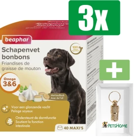 Beaphar Schapenvetbonbons Knoflook Medium 245 gram - 3 Stuks - Inclusief PetsHome Goudkleurige Adreskoker