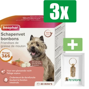 Beaphar Schapenvetbonbons Zalm Medium 245 gram - 3 Stuks - Inclusief PetsHome Goudkleurige Adreskoker