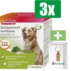 Beaphar Schapenvetbonbons Zeewier Mini 245 gram - 3 Stuks - Inclusief PetsHome Goudkleurige Adreskoker
