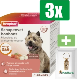 Beaphar Schapenvetbonbons Zalm Mini 245 gram - 3 Stuks - Inclusief PetsHome Goudkleurige Adreskoker