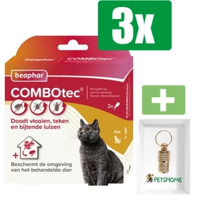 Beaphar Combotec Anti Vlooien en Teken Druppels Kat/Fret 2 pipetten - 3 Stuks - Inclusief PetsHome Goudkleurige Adreskoker