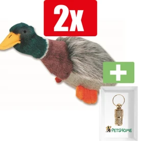 Happy Pet Migrator Pluche Wilde Eend - Hondenspeelgoed - Medium 24 CM - 2 Stuks - Inclusief PetsHome Goudkleurige Adreskoker