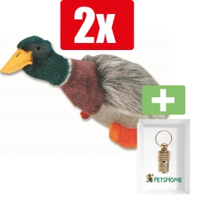 Happy Pet Migrator Pluche Wilde Eend - Hondenspeelgoed - Large 38 cm - 2 Stuks - Inclusief PetsHome Goudkleurige Adreskoker