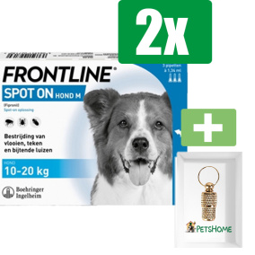 Frontline Spot On Anti Vlooien en Teken Druppels Hond M 10 - 20 kg 3 pipetten - 2 ST - 2 Stuks - Inclusief PetsHome Goudkleurige Adreskoker