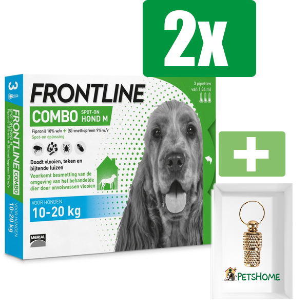 Frontline Combo - Anti Vlooien- en Tekenmiddel - M - 10-20kg - 3st - 2 ST - 2 Stuks - Inclusief PetsHome Goudkleurige Adreskoker