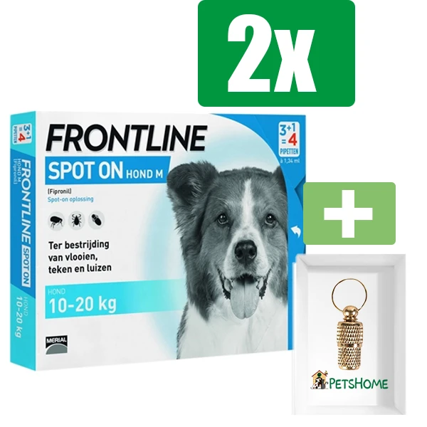 Frontline Spot-On - M - Anti Vlooienmiddel - Hond - 4 pipetten - 2 ST - 2 Stuks - Inclusief PetsHome Goudkleurige Adreskoker