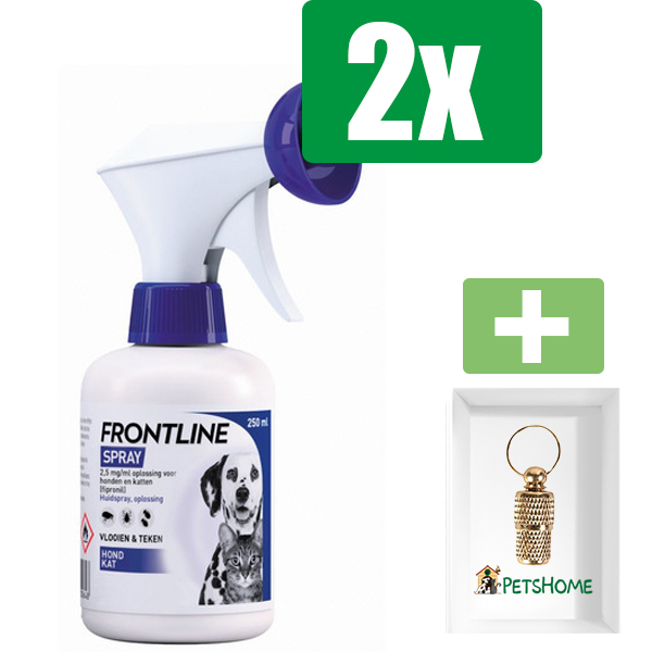 Frontline Spray Anti Vlooienmiddel en Tekenmiddel Hond en Kat - 250 ml - 2 ST - 2 Stuks - Inclusief PetsHome Goudkleurige Adreskoker