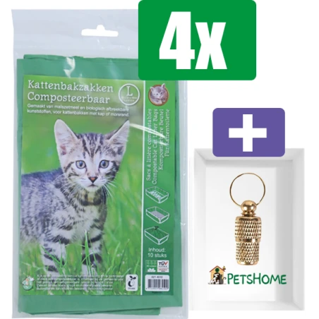 Boon kattenbakzak composteerbaar, groen L pak a 10 stuks - 4 Stuks - Inclusief PetsHome Goudkleurige Adreskoker