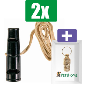 Trixie Dubbeltoonfluitje Buffelhoorn - 6 cm  - 2 stuks - Inclusief PetsHome Goudkleurige Adreskoker