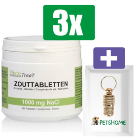 Phytotreat Zouttabletten 1000mg - 250 tabl - 3 Stuks - Inclusief PetsHome Goudkleurige Adreskoker