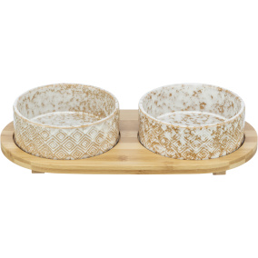Trixie Set Voerbak / Waterbak Keramiek / Bamboe Wit / Natuur 2X300 Ml 30X6X15 Cm